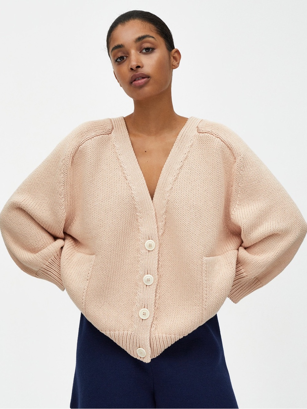 Babaa No.55 Chunky V-Neck Button Cardigan - Strawberry Shake